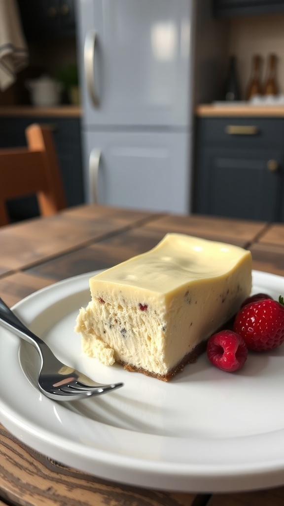 Simple 3-Ingredient Carnivore Cheesecake A slice of carnivore cheesecake on a plate, garnished with berries, on a wooden table.